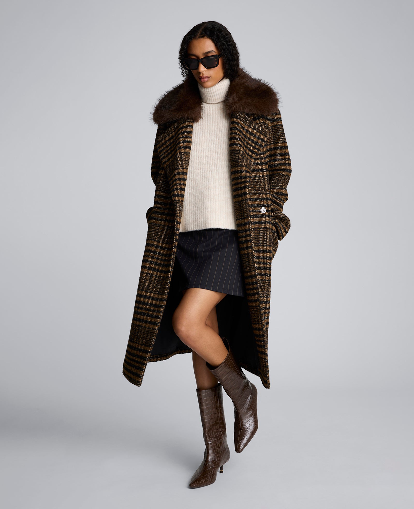 Pinstripe Fly Front Mini Skirt Black/Olive Green