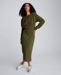 Brushed Scuba Pull On Midi Skirt Olive Green