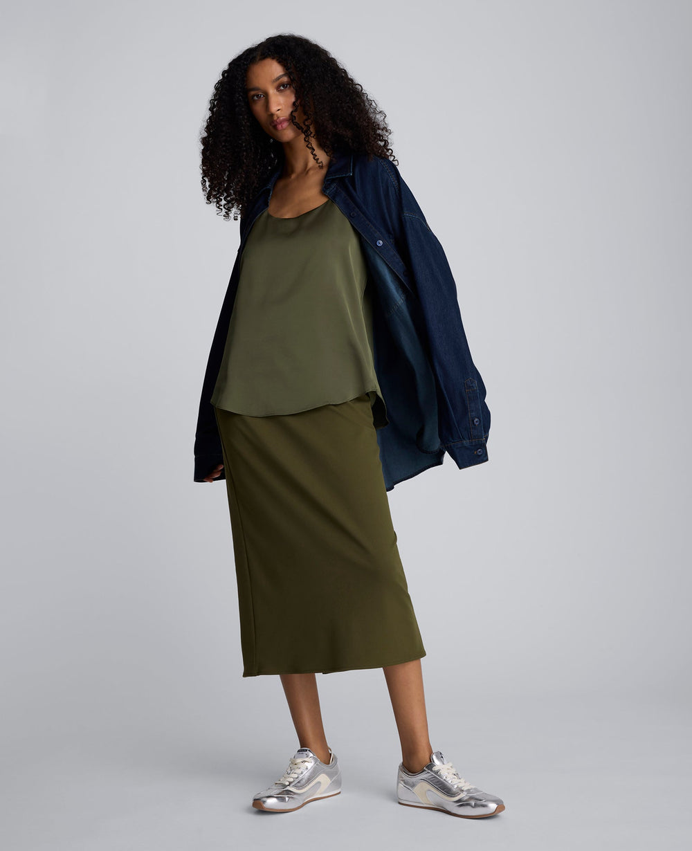 Brushed Scuba Pull On Midi Skirt Olive Green