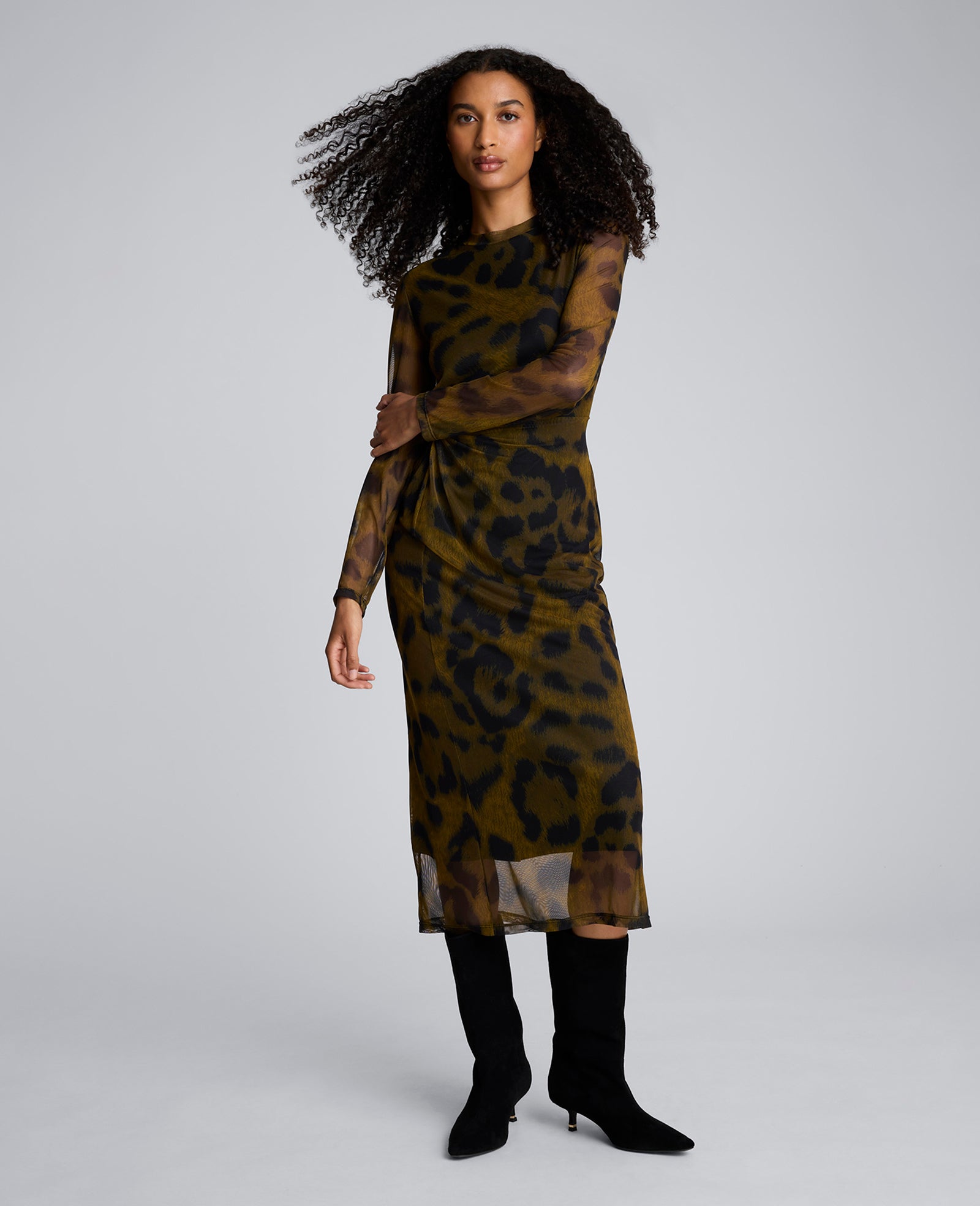 Printed Mesh Knot Front Long Sleeve Midi Dress Olive Green Multi