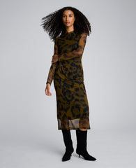 Printed Mesh Knot Front Long Sleeve Midi Dress Olive Green Multi