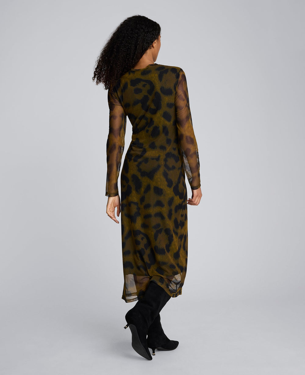 Printed Mesh Knot Front Long Sleeve Midi Dress Olive Green Multi
