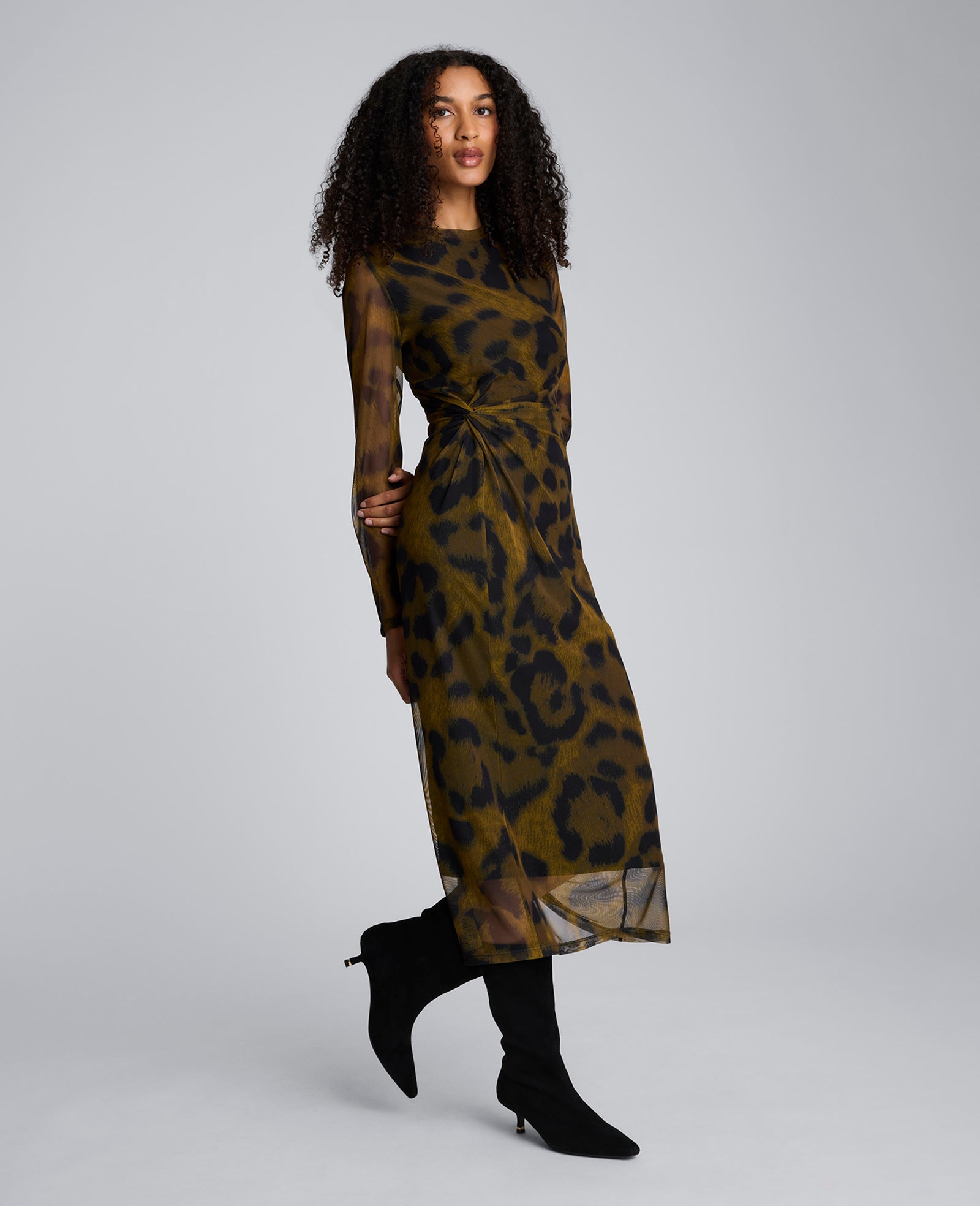 Printed Mesh Knot Front Long Sleeve Midi Dress Olive Green Multi