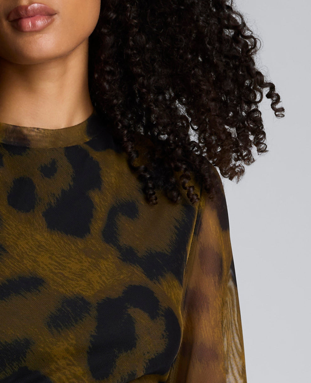 Printed Mesh Knot Front Long Sleeve Midi Dress Olive Green Multi