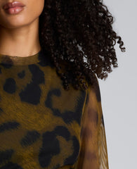 Printed Mesh Knot Front Long Sleeve Midi Dress Olive Green Multi