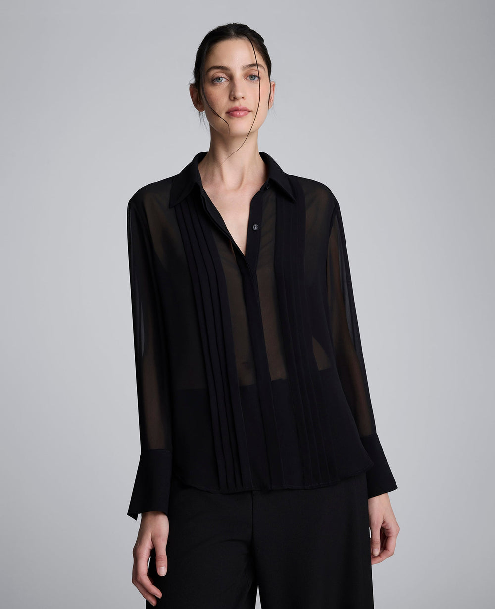 Chiffon Pleated Long Sleeve Blouse Black