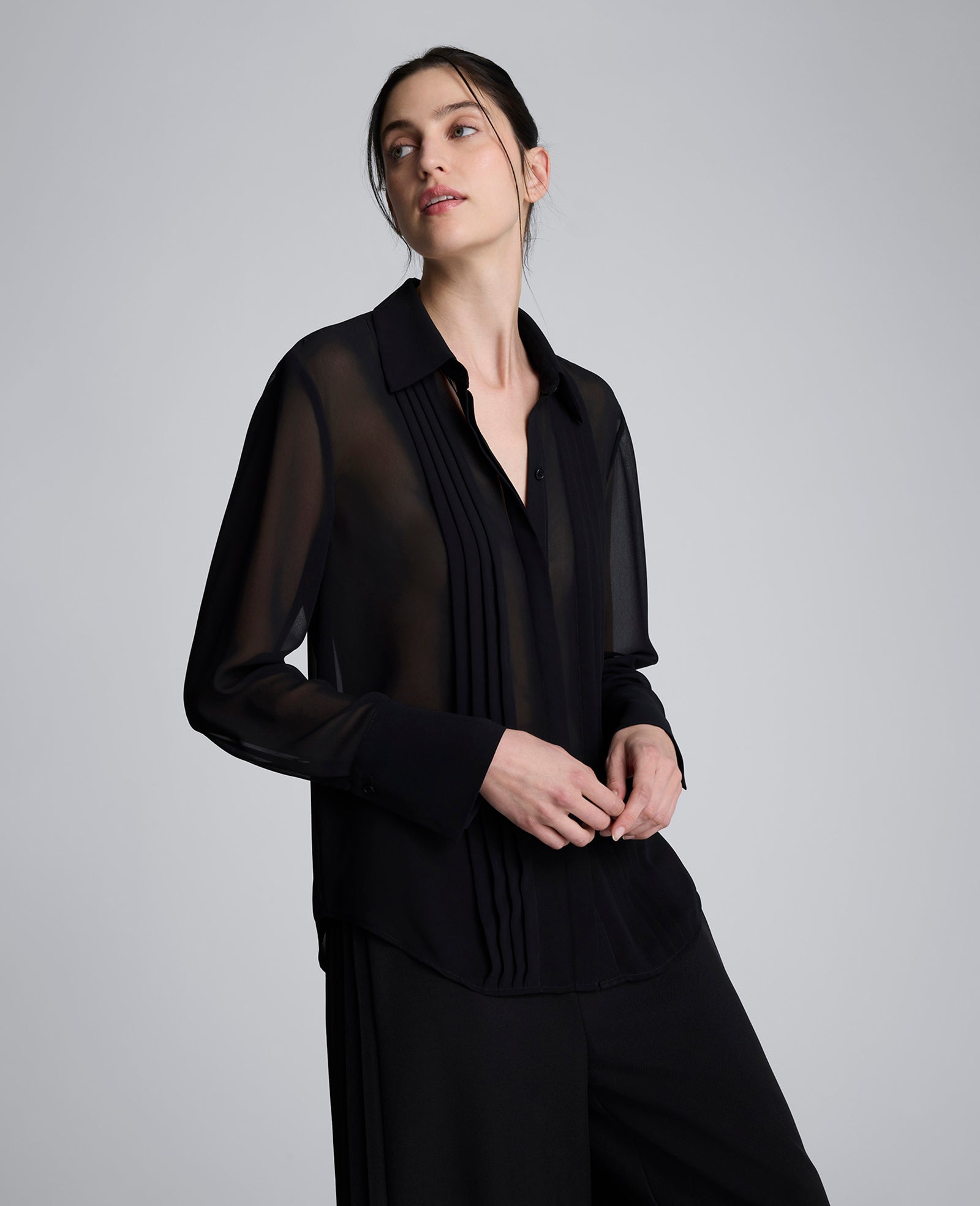 Chiffon Pleated Long Sleeve Blouse Black