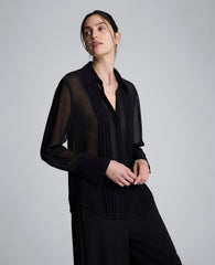Chiffon Pleated Long Sleeve Blouse Black