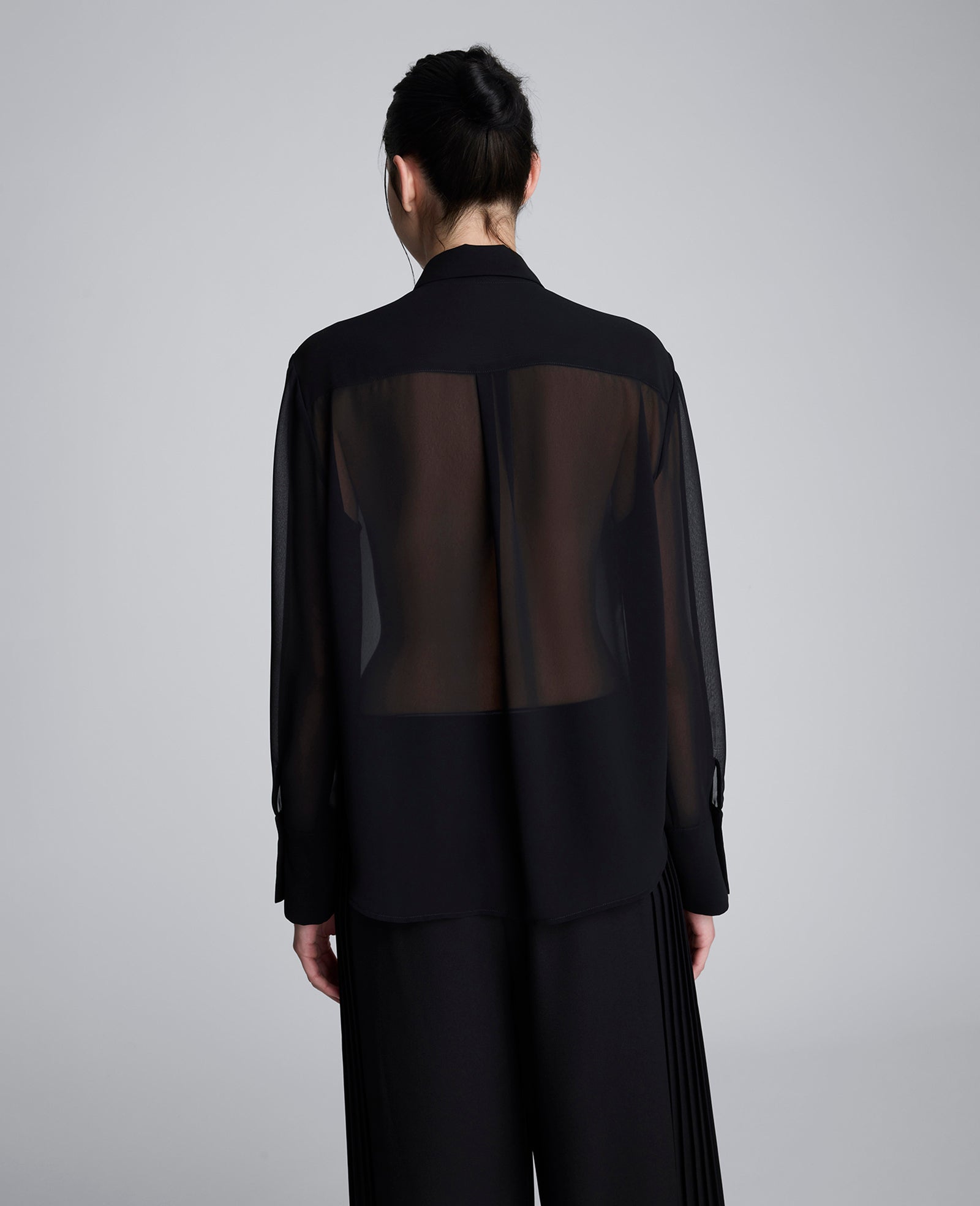 Chiffon Pleated Long Sleeve Blouse Black