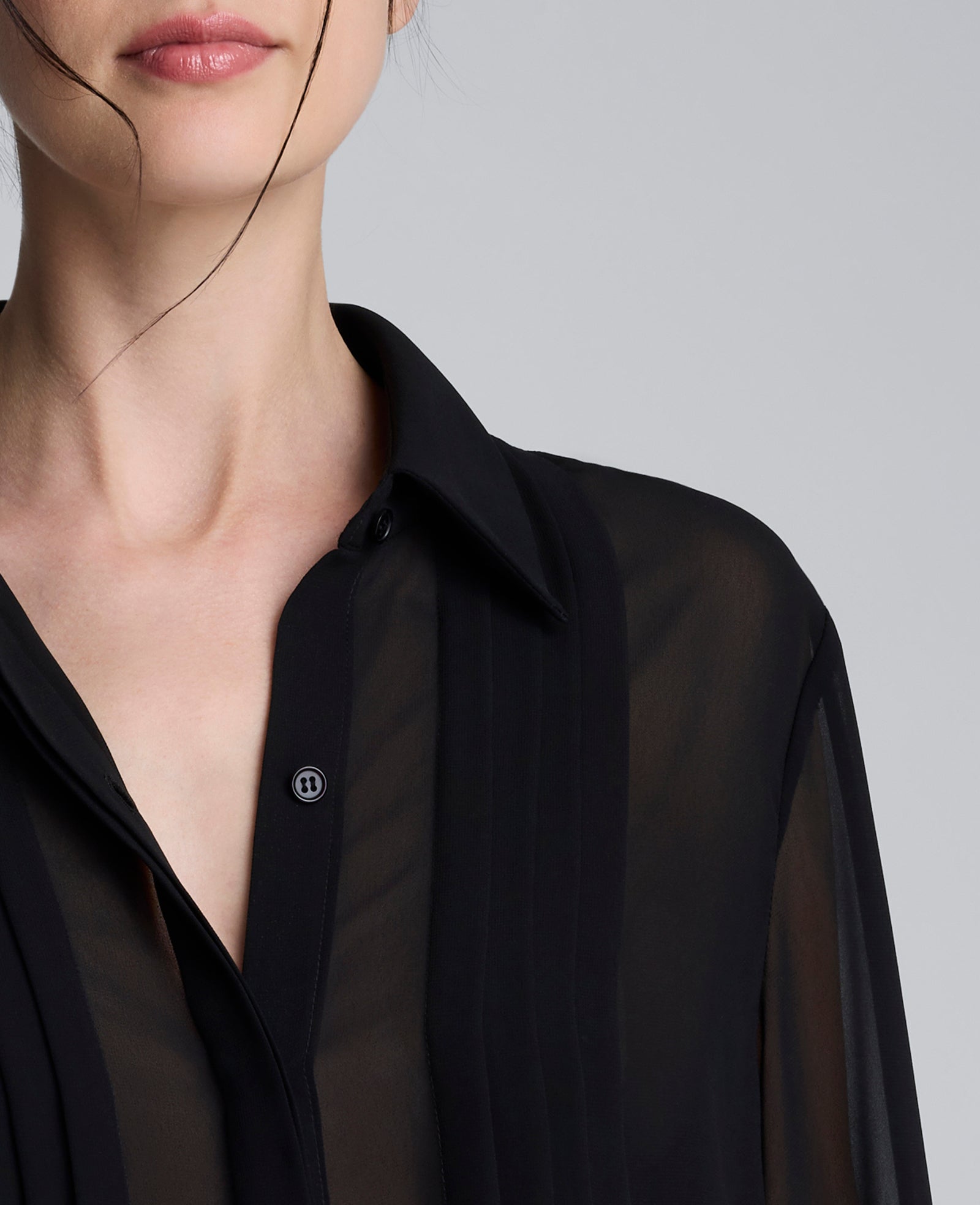Chiffon Pleated Long Sleeve Blouse Black