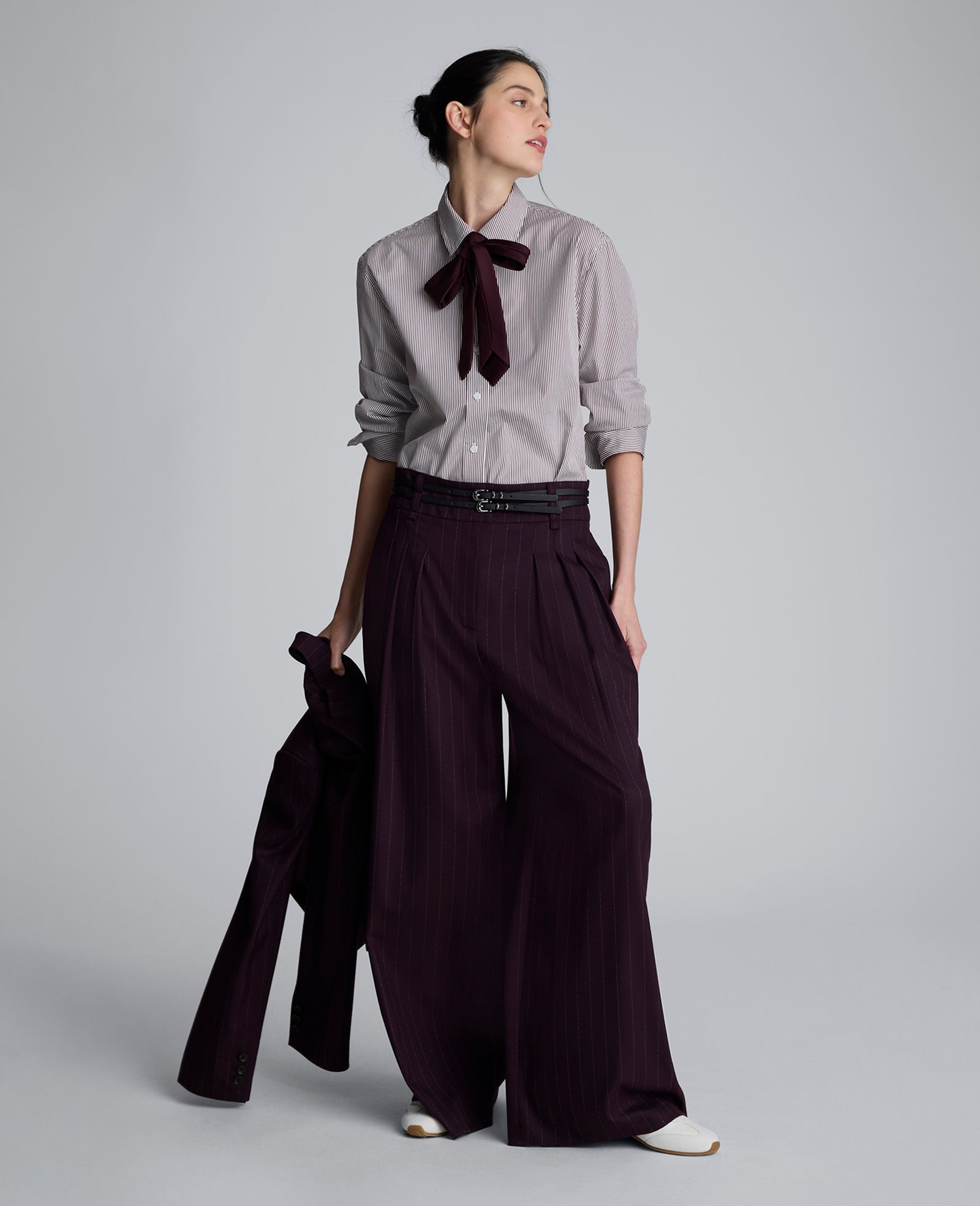 Boyfriend Button Down Shirt With Tie Dk Aubergine/ Pure Wt