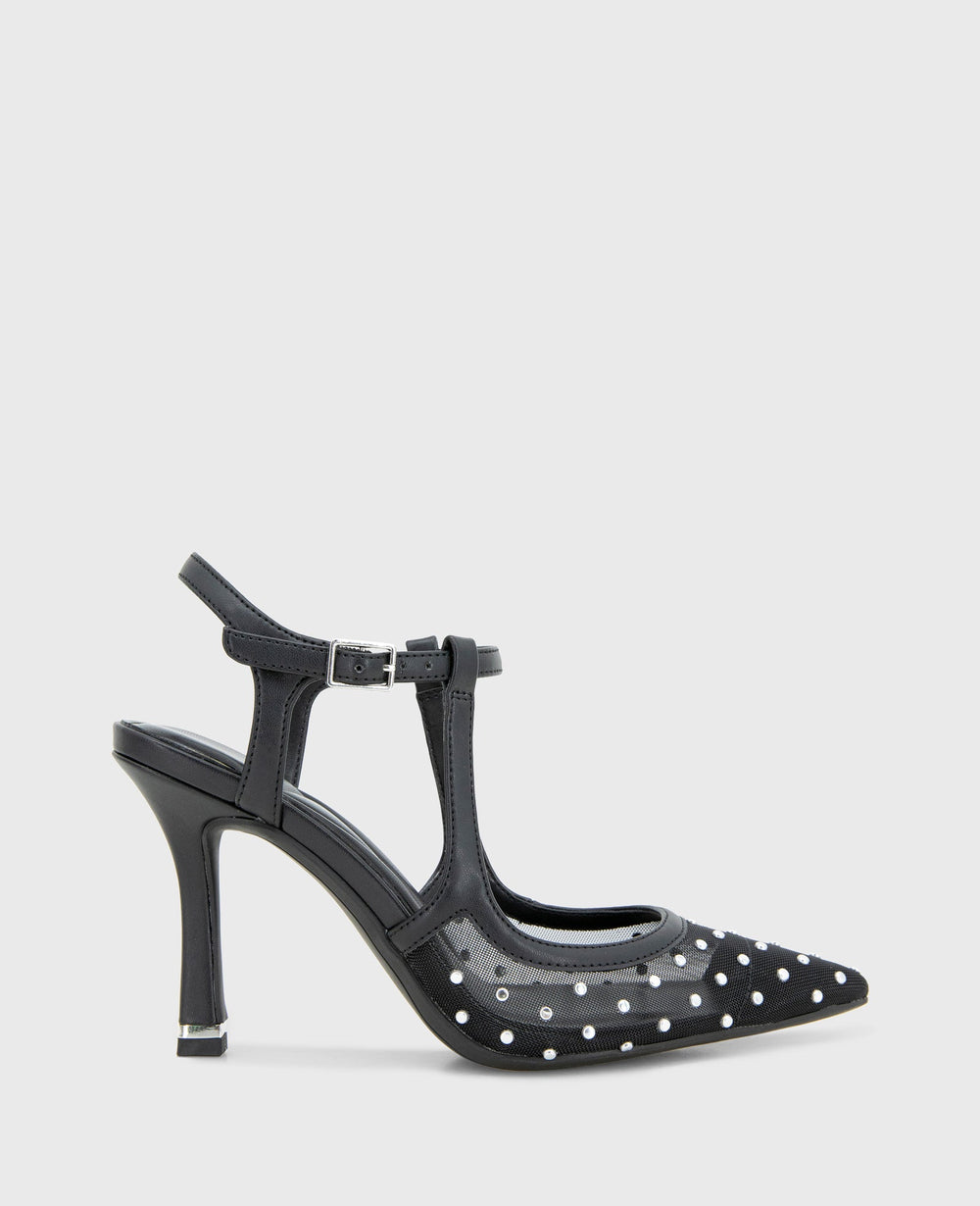 Romi Mesh Micro Stud Ankle Slingback Heel Black Stud Mesh