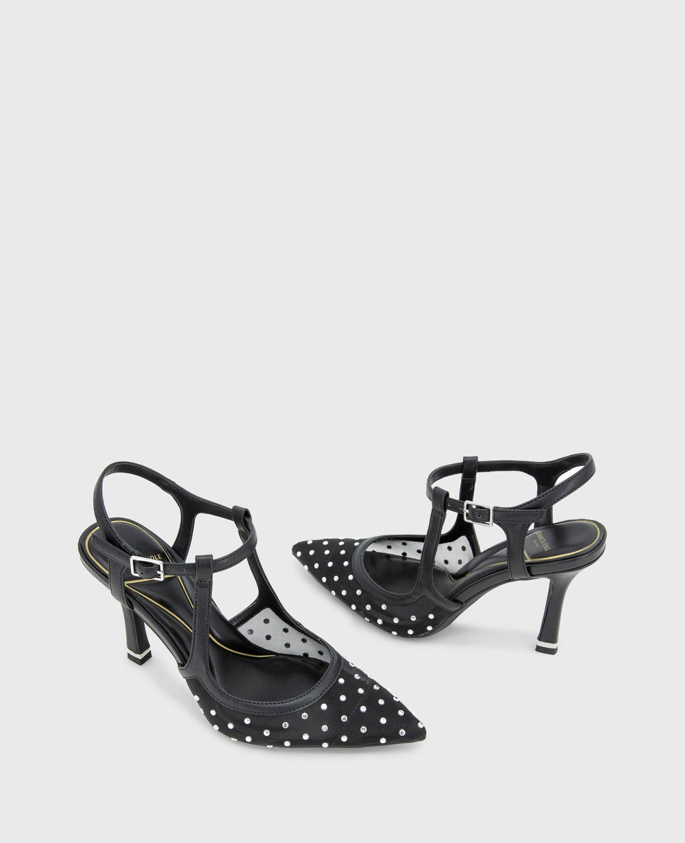 Romi Mesh Micro Stud Ankle Slingback Heel Black Stud Mesh