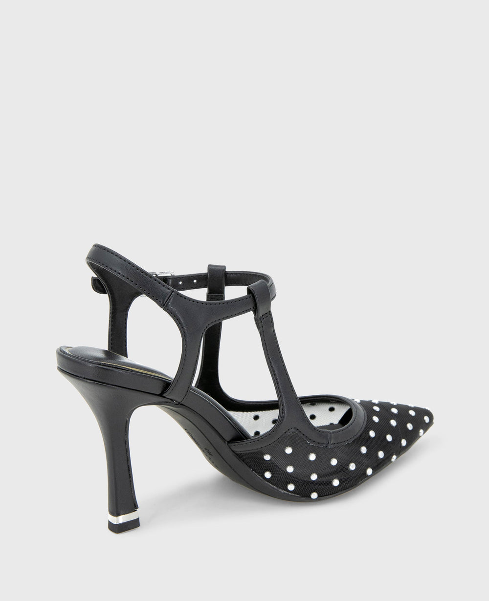 Romi Mesh Micro Stud Ankle Slingback Heel Black Stud Mesh