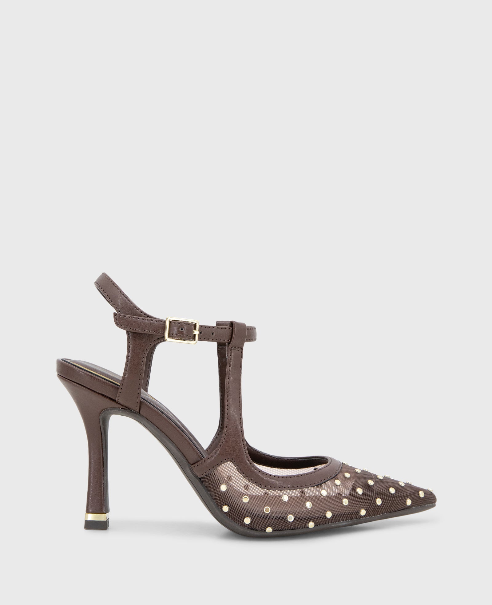 Romi Mesh Micro Stud Ankle Slingback Heel Brown Mesh