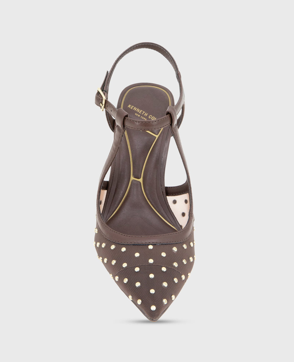 Romi Mesh Micro Stud Ankle Slingback Heel Brown Mesh