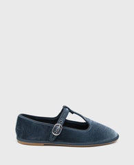 Verona Velvet T-Strap Mary Jane Flat Blue Velvet