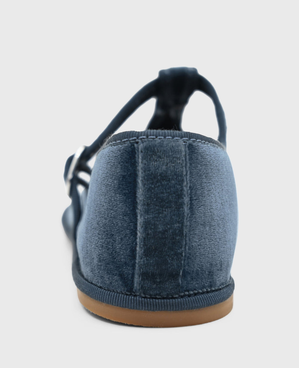 Verona Velvet T-Strap Mary Jane Flat Blue Velvet