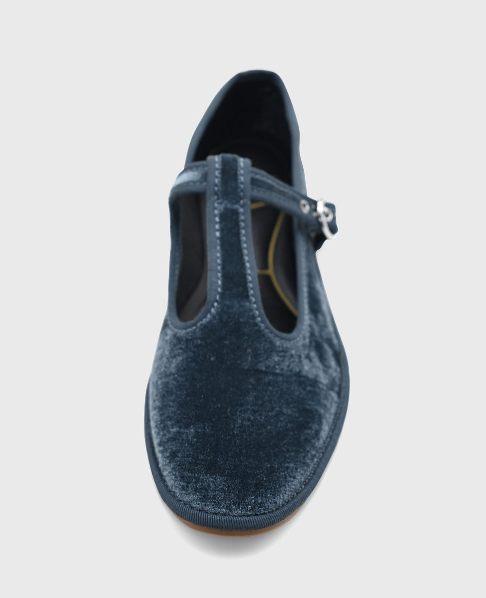 Verona Velvet T-Strap Mary Jane Flat Blue Velvet