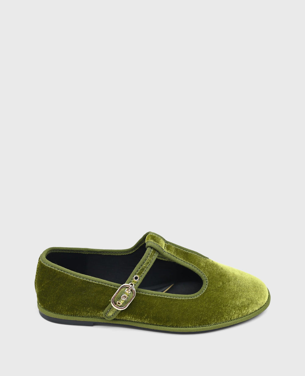 Verona Velvet T-Strap Mary Jane Flat Loden Velvet