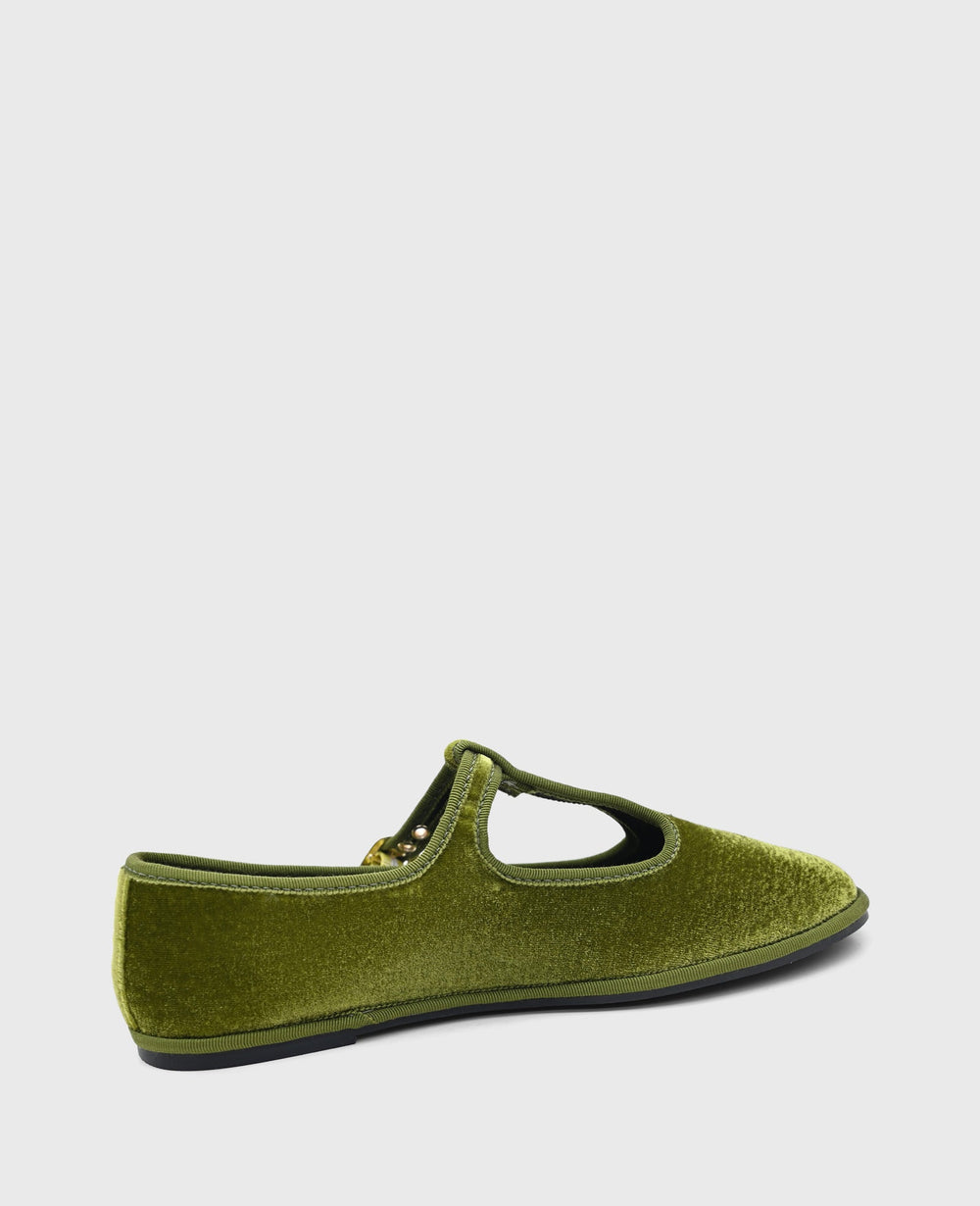 Verona Velvet T-Strap Mary Jane Flat Loden Velvet
