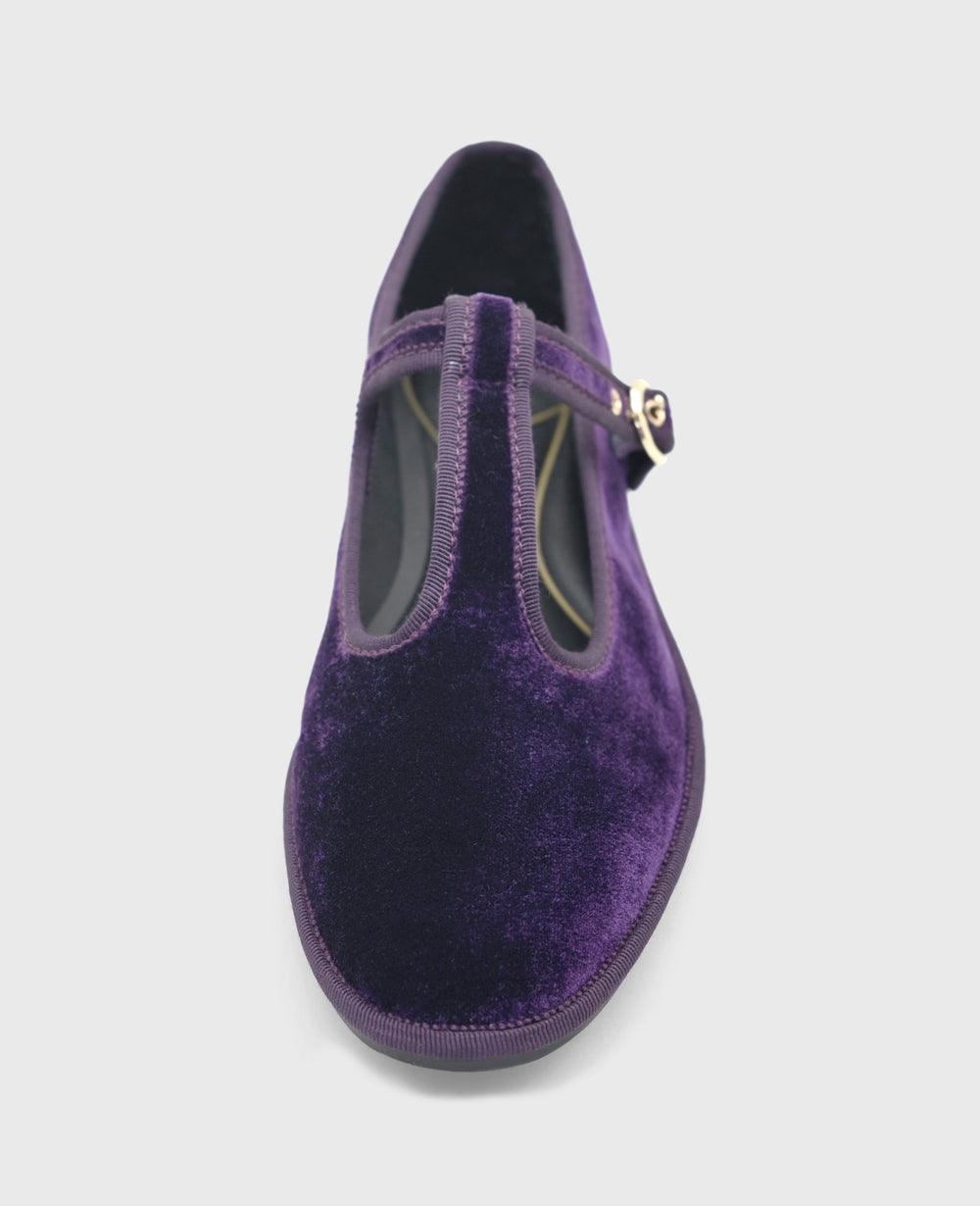 Verona Velvet T-Strap Mary Jane Flat Plum Velvet