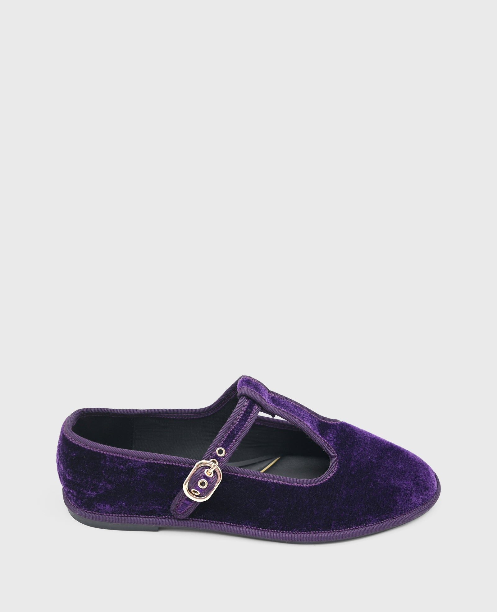 Verona Velvet T-Strap Mary Jane Flat Plum Velvet