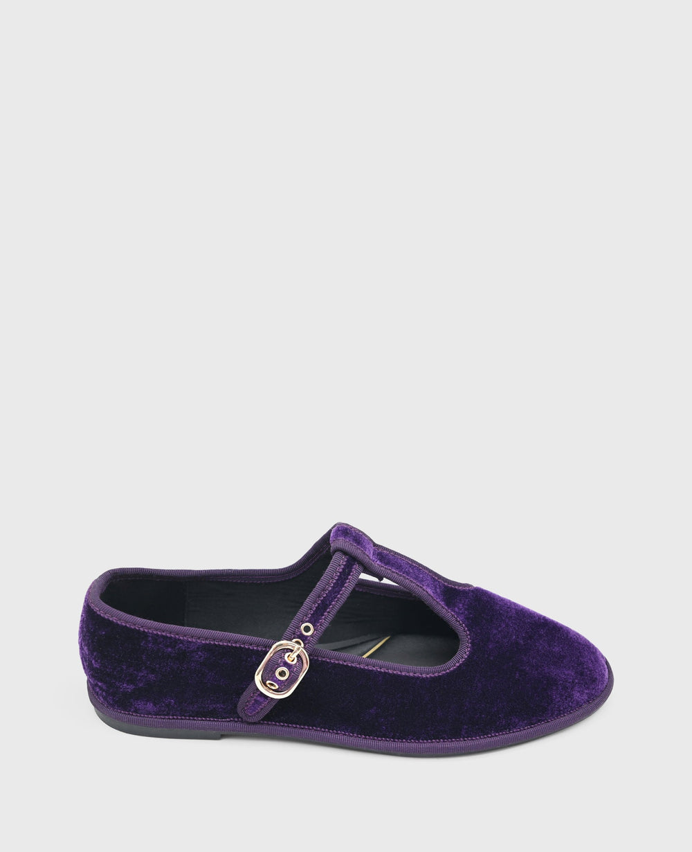 Verona Velvet T-Strap Mary Jane Flat Plum Velvet