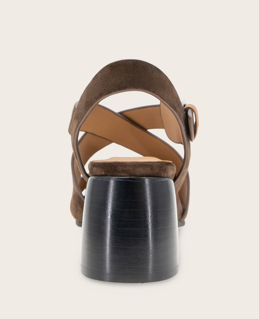 GENTLE SOULS - Mela Suede Cross Strap Sandal Chocolate Suede