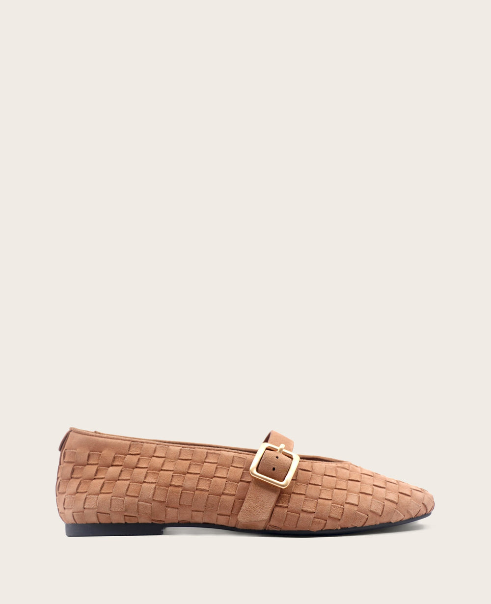 GENTLE SOULS - Winifred Suede Woven Mary Jane Flat Camel Suede