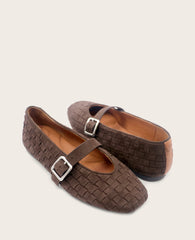 GENTLE SOULS - Winifred Suede Woven Mary Jane Flat Dark Chocolate Suede