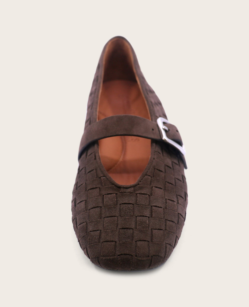 GENTLE SOULS - Winifred Suede Woven Mary Jane Flat Dark Chocolate Suede