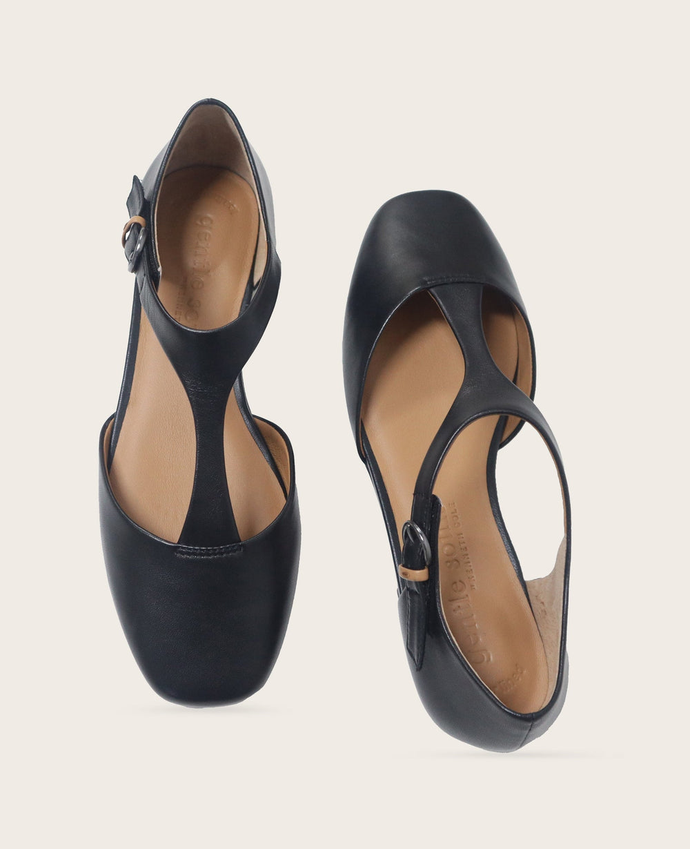 GENTLE SOULS - Wyatt Leather T-Strap Flat Black Leather