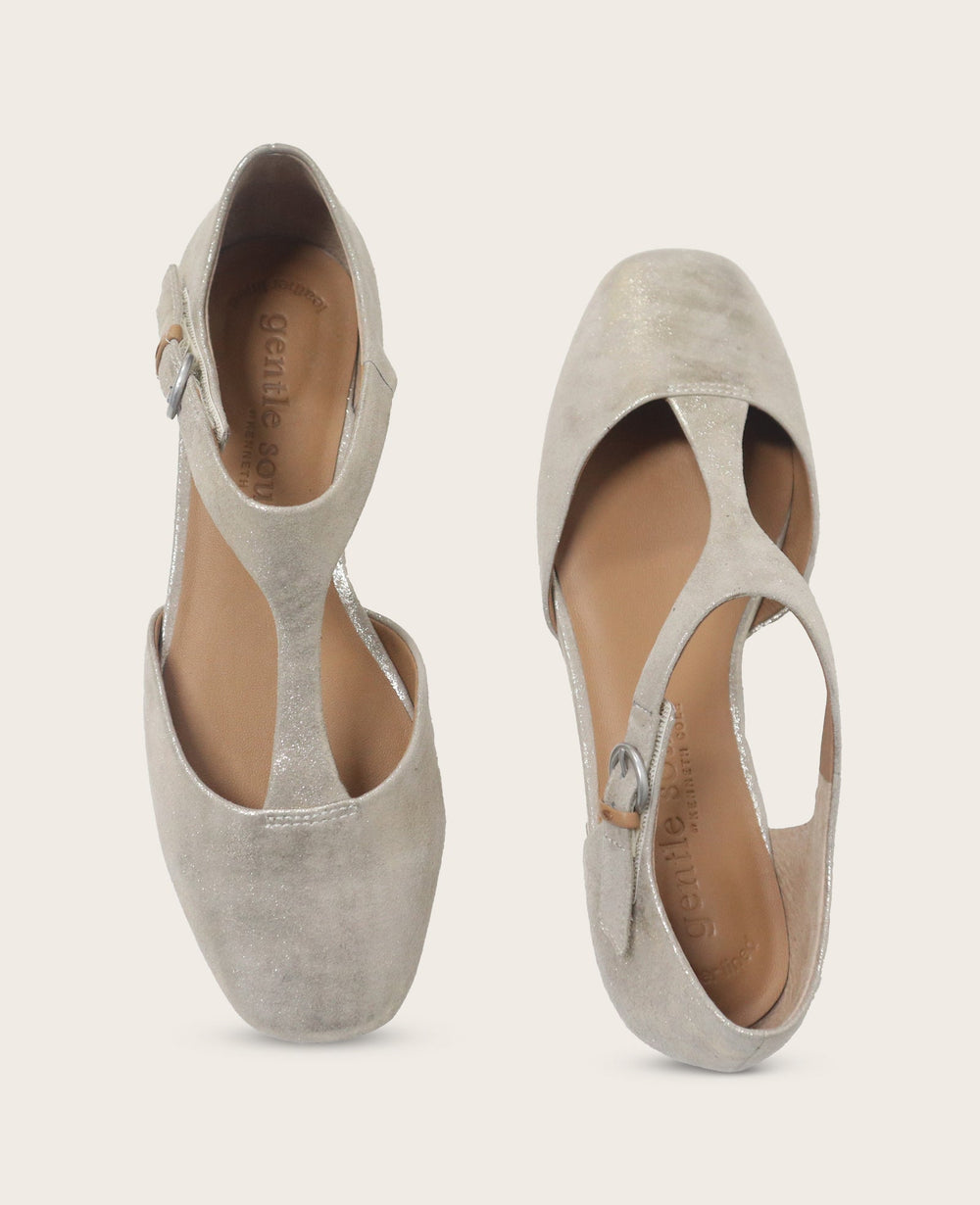 GENTLE SOULS - Wyatt Metallic T-Strap Flat Gravel Leather