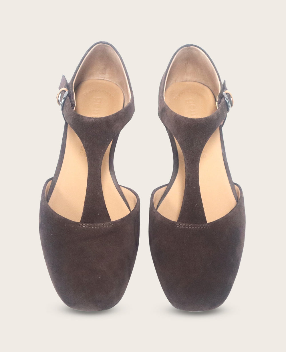 GENTLE SOULS - Wyatt Suede T-Strap Flat Chocolate Suede