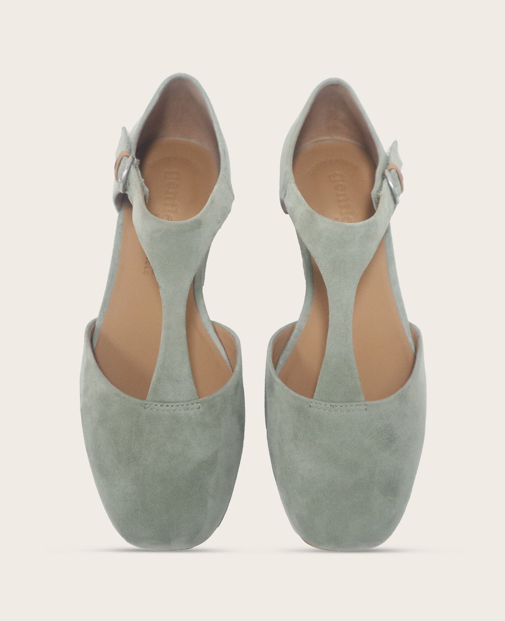 GENTLE SOULS - Wyatt Suede T-Strap Flat Sage Suede