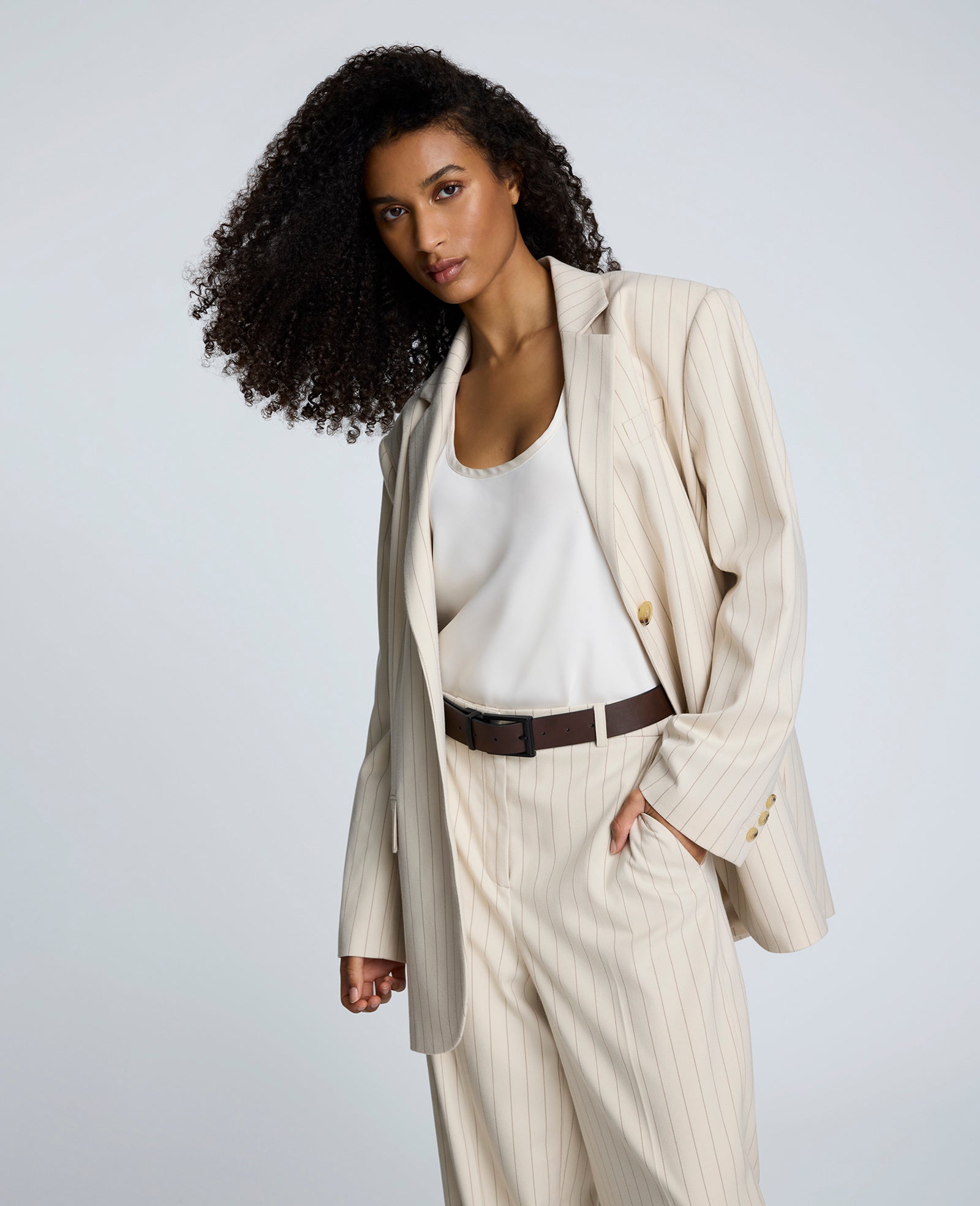 Pinstripe Relaxed Fit Boyfriend Blazer Almond Milk Multi