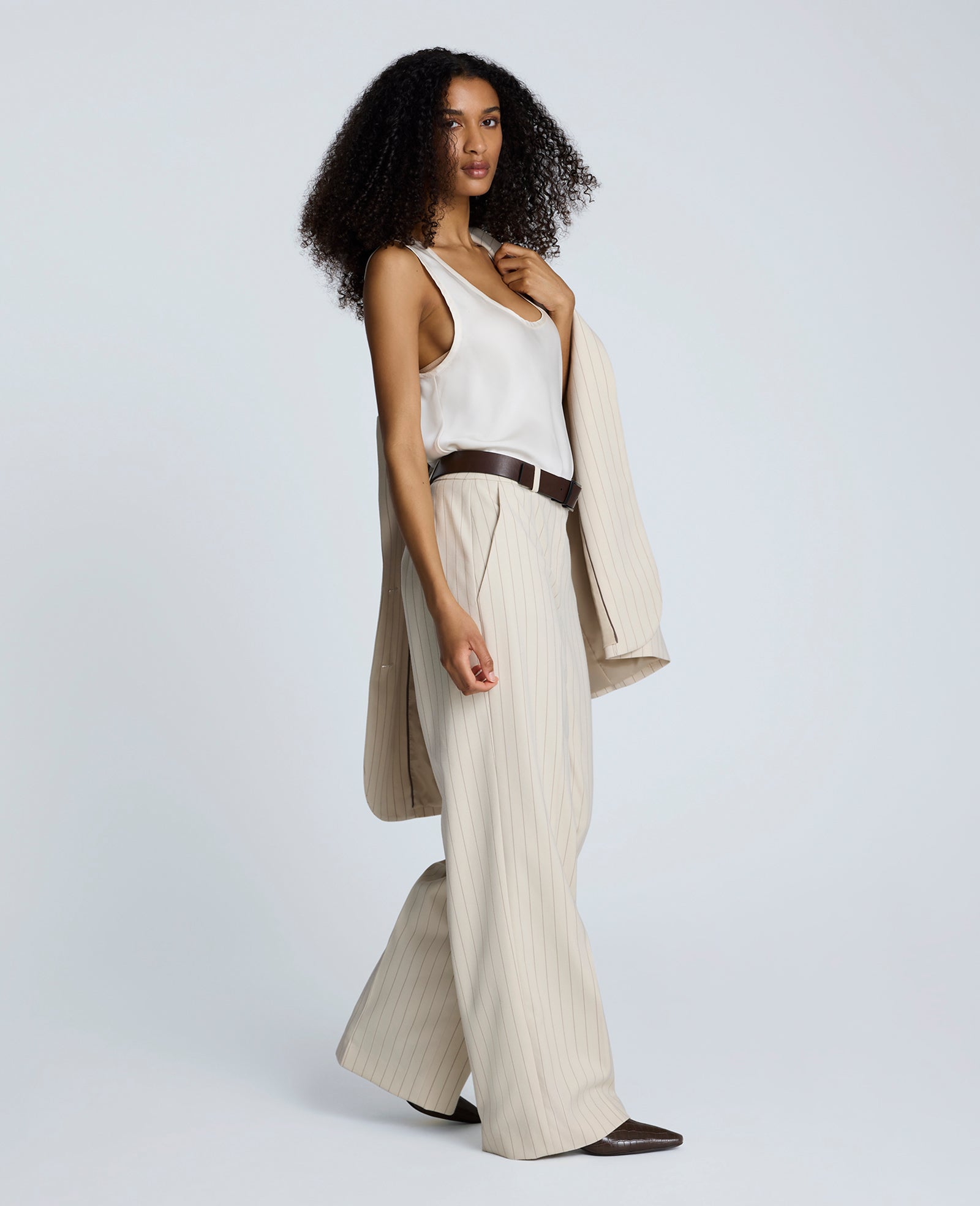 Pinstripe High Rise Wide Leg Pant Almond Milk Multi