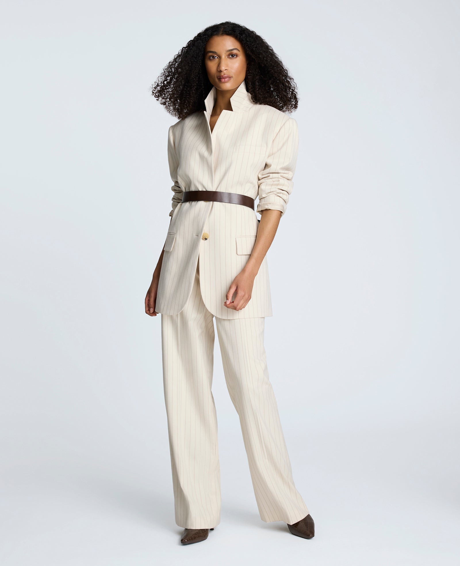 Pinstripe High Rise Wide Leg Pant Almond Milk Multi