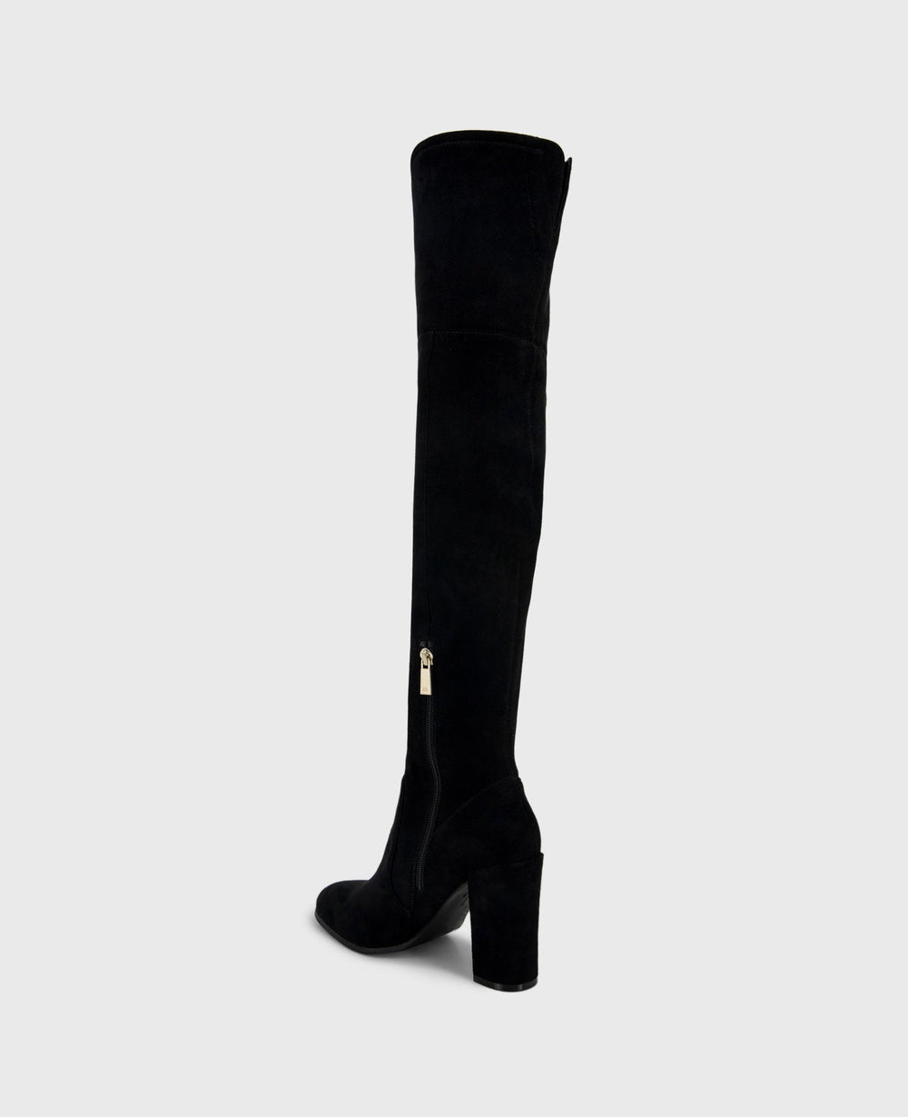 Josie Suede Tall Knee Heeled Boot Black