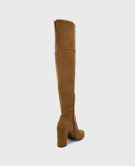 Josie Suede Tall Knee Heeled Boot Cognac